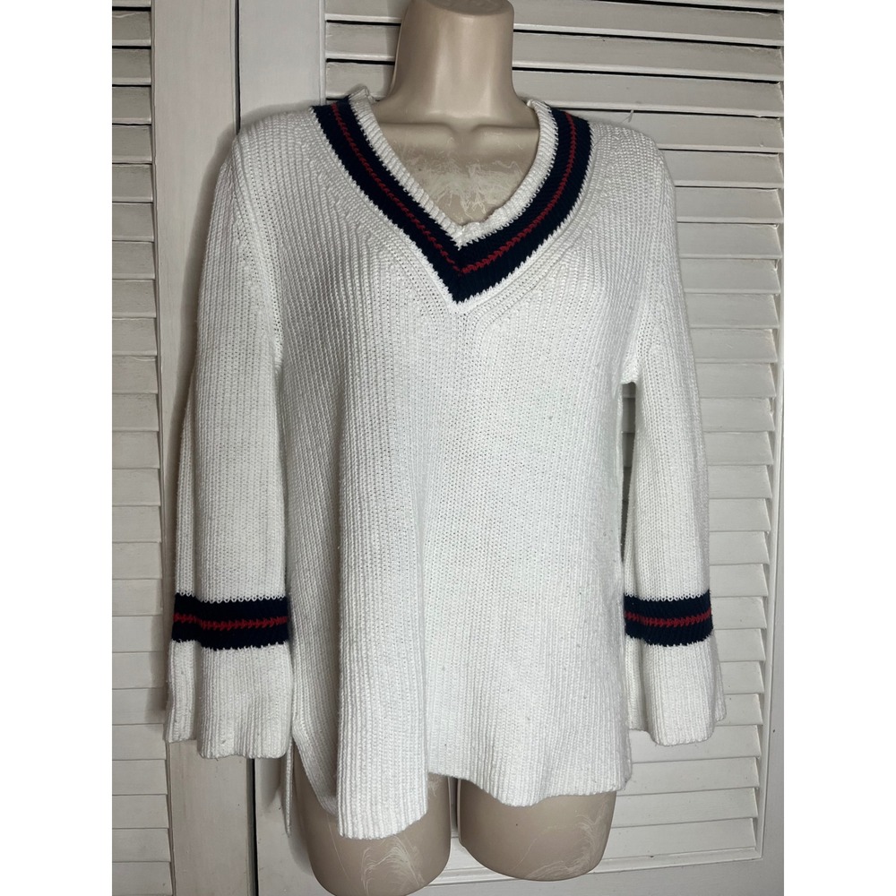 Cabi White V-Neck Varsity Stripe Cotton Blend Sweater XS 5639 Preppy Navy Red